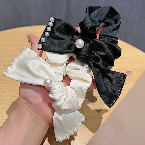 2 Stück Perle Satin Schleife Knoten Haarband Haargummis Halt Retro Pferdeschwanz Halter Elastisch Scrunchie Haare Ringe Haar Seil Gummiband Haar-Accessoires für Damen Frauen Mädchen(Schwarz+Beige) von JekyTMP