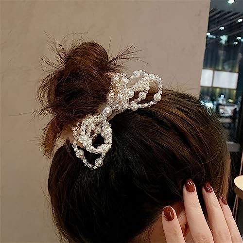 2 Stück Perle Schleife Knoten Elastisch Scrunchie Chiffon Haarband Haargummis Halt Set Pferdeschwanz Halter Haare Ringe Haar Seil Gummiband Haar Accessoire für Damen Frauen Mädchen(Aprikose+Aprikose) von JekyTMP