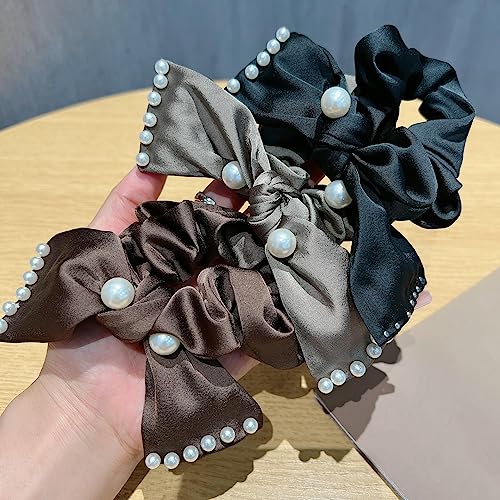 3 Stück Perle Satin Schleife Knoten Haarband Haargummis Halt Retro Pferdeschwanz Halter Elastisch Scrunchie Haare Ringe Gummiband Haar-Accessoires für Damen Frauen Mädchen(Schwarz+Grau+Kaffee) von JekyTMP