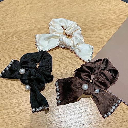 3 Stück Perle Satin Schleife Knoten Haarband Haargummis Halt Retro Pferdeschwanz Halter Elastisch Scrunchie Haare Ringe Gummiband Haar-Accessoires für Damen Frauen Mädchen(Schwarz+Kaffee+Beige) von JekyTMP