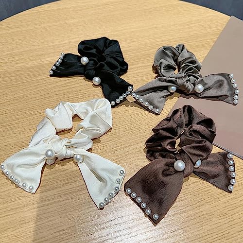 4 Stück Perle Satin Schleife Knoten Haarband Haargummis Halt Retro Pferdeschwanz Halter Elastisch Scrunchie Haare Ringe Gummiband Haar-Accessoires für Damen Frauen Mädchen(Beige+Schwarz+Grau+Kaffee) von JekyTMP