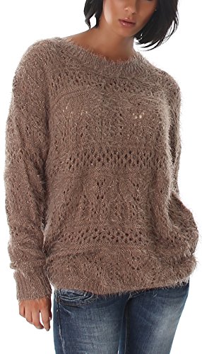 Jela London Damen Oversize Häkel Pullover Glitzer Fransen, Macchiato Braun 38 40 von Jela London