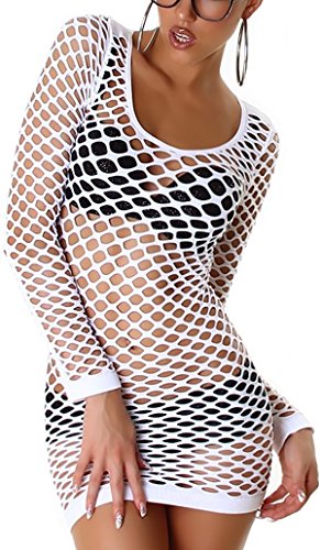 Jela London Damen Netz Long Top Mini Kleid Mesh transparent Longshirt Langarm, Weiß 32 34 36 von Jela London