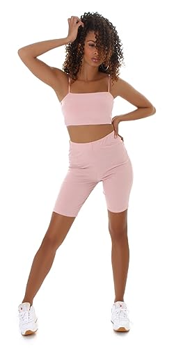 Jela London Damen Bandeau Crop Top Spaghetti Träger + High Waist Leggings kurz Shorts Set Zweiteiler Freizeit, Rosa 34 (S) von Jela London