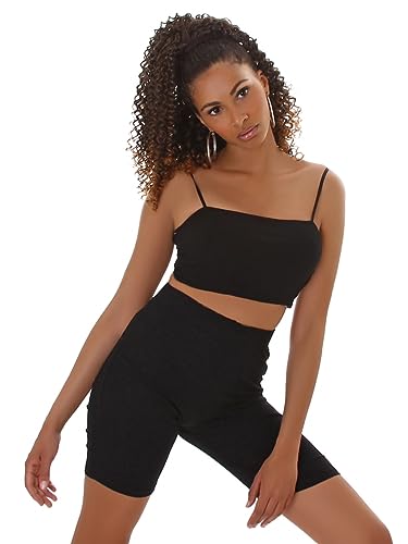 Jela London Damen Bandeau Crop Top Spaghetti Träger + High Waist Leggings kurz Shorts Set Zweiteiler Freizeit, Schwarz 36 (M) von Jela London