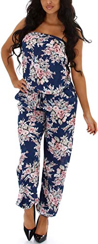 Jela London Damen Bandeau Overall trägerlos Sommer Onesie Taillengürtel Jumpsuit luftig leicht Blumen-Muster geblümt, Blau von Jela London