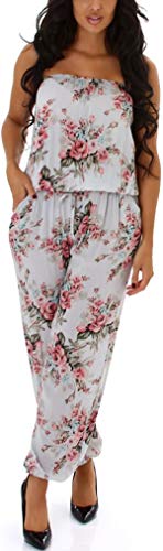 Jela London Damen Bandeau-Overall trägerlos Sommer Onesie Taillengürtel Jumpsuit luftig leicht Blumen-Muster geblümt, Lichtgrau von Jela London