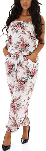 Jela London Damen Bandeau-Overall trägerlos Sommer Onesie Taillengürtel Jumpsuit luftig leicht Blumen-Muster geblümt, Weiß von Jela London