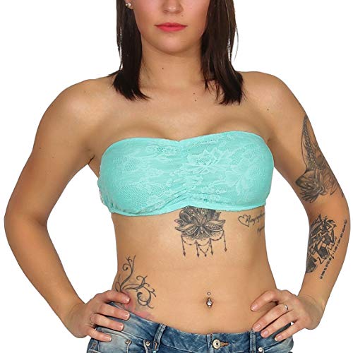 Jela London Damen Bandeau Top Crop Spitze Netz Stretch bauchfrei rückenfrei durchsichtig Sommer Clubwear Türkis Minzgrün von Jela London