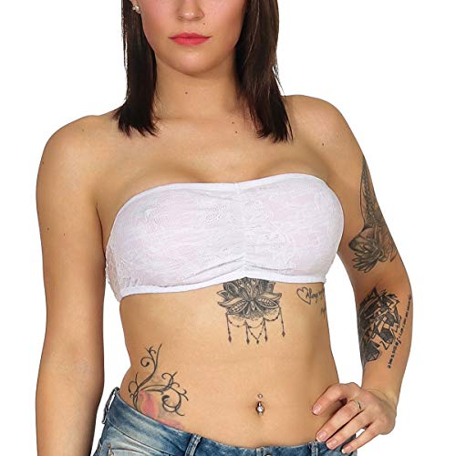 Jela London Damen Bandeau-Top Netz Spitze Stretch rückenfrei bauchfrei durchsichtig Sommer, 32 34 36 Weiß von Jela London