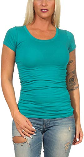 Jela London Damen Basic Longshirt T Shirt lang Stretch Rundhals Kurzarm einfarbig, Grün 133, 34-36 (M) von Jela London