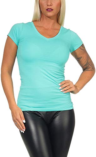 Jela London Damen Basic Longshirt T Shirt lang Stretch V-Ausschnitt Kurzarm einfarbig, Grün 75, 38-40 (XL) von Jela London