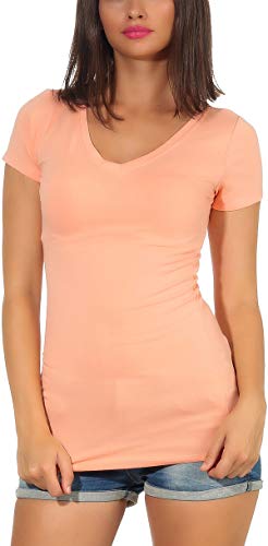 Jela London Damen Basic Longshirt T Shirt lang Stretch V-Ausschnitt Kurzarm einfarbig, Pfirsisch Aprikot 34-36 (M) von Jela London