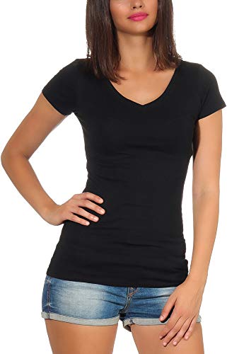Jela London Damen Basic Longshirt T Shirt lang Stretch V-Ausschnitt Kurzarm einfarbig, Schwarz 38-40 (XL) von Jela London