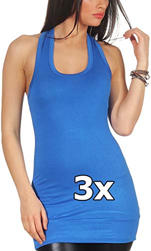 Jela London Damen Basic Longtop Träger-Top lang Stretch Racerback Ringerrücken einfarbig U-Ausschnitt Einheitsgröße 32 34 36, 3X Blau von Jela London