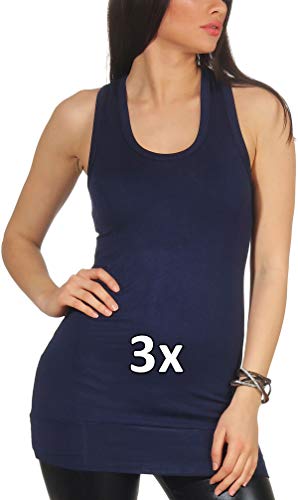 Jela London Damen Basic Longtop Träger-Top lang Stretch Racerback Ringerrücken einfarbig U-Ausschnitt Einheitsgröße 32 34 36, 3X Navy von Jela London