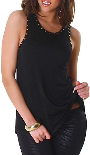 Jela London Damen Basic Tank-Top dünn Nieten Gold-Glitzer A-Linie Vokuhila, Schwarz von Jela London