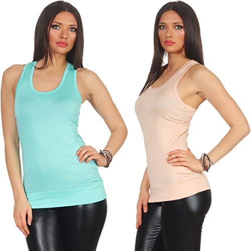 Jela London Damen Basic Träger Tank Top Stretch Racerback, Set Rosa & Türkis dünn 34-38 von Jela London