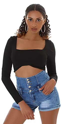 Jela London Damen Bauchfreies Langarm Shirt Crop Top Stretch Eckiger Ausschnitt, Schwarz S von Jela London