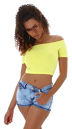 Jela London Damen Bauchfreies T Shirt Stretch Crop Top einfarbig Carmen, Gelb 36 von Jela London