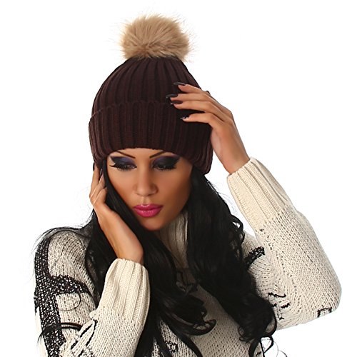Jela London Damen Beanie Bommel Strick Mütze einfarbig gestreift gerippt, Braun von Jela London