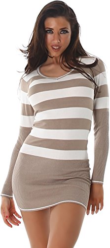 Jela London Damen Feinstrick Long Pullover Mini Kleid gestreift V-Ausschnitt Langarm Bodycon, Lang (Braun Weiß) 34-36 Jela London Damen Feinstrick Long Pullover Mini Kleid gestreift V-Ausschnitt Langarm Bodycon, Lang (Braun Weiß) 34-36 von Jela London