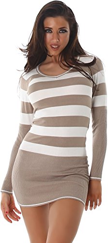 Jela London Damen Fein Strick Long Pullover Kleid Mini gestreift V-Ausschnitt Langarm, Lang (Braun Weiß) 34-38 von Jela London