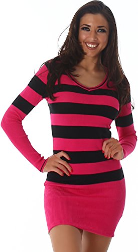 Jela London Damen Feinstrick Long Pullover Mini Kleid gestreift V-Ausschnitt Langarm Bodycon, Lang (Pink Schwarz) 34-36 Jela London Damen Feinstrick Long Pullover Mini Kleid gestreift V-Ausschnitt Langarm Bodycon, Lang (Pink Schwarz) 34-36 von Jela London
