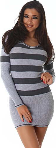 Jela London Damen Feinstrick Long Pullover Mini Kleid gestreift V-Ausschnitt Langarm Bodycon, Lang (Grau-Hellgrau) 34-36 von Jela London