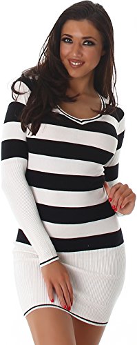 Jela London Damen Feinstrick Long Pullover Mini Kleid gestreift V-Ausschnitt Langarm Bodycon, Lang (Weiß Schwarz) 34-36 von Jela London