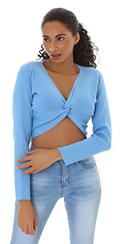 Jela London Damen Bolero Top Pullover Stretch Wickeloptik bauchfrei V-Ausschnitt, Hell Blau von Jela London