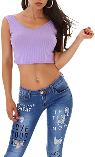 Jela London Damen Bustier top Crop-Top bauchfrei Feinripp Stretch, Flieder von Jela London