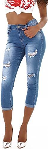 Jela London Damen Capri Jeans Push Up Stretch High Waist Destroyed Risse Frayed Fransen Skinny, Blau 34 von Jela London