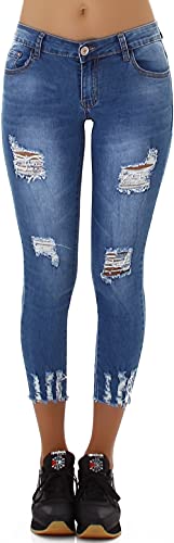 Jela London Damen Capri Jeans Skinny Stretch 7/8 Destroyed Risse Fransen, Blau 36-38 von Jela London