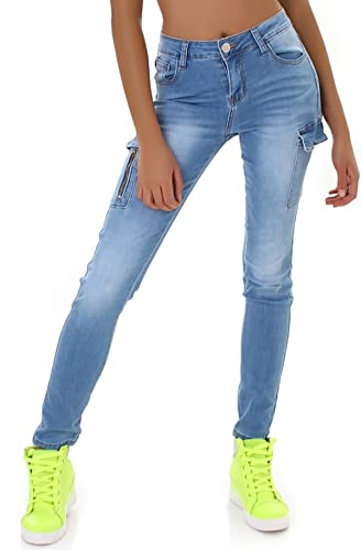 Jela London Damen Cargo-Jeans Stretch Skinny Slim Taschen, Hellblau 36 von Jela London