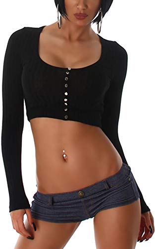 Jela London Damen Crop Top Langarm bauchfrei Stretch mit Zierknöpfen, Schwarz 34 (Etikett 36) von Jela London