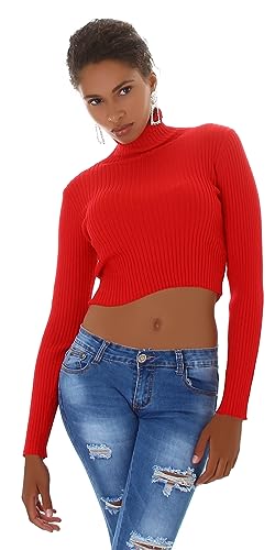 Jela London Damen Cropped Rollkragen Pullover gerippt Skinny Stretch, Rot 34-36 (OS) von Jela London