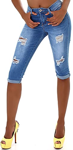 Jela London Damen Denim Jeansshorts Stretch Skinny Washed Destroyed, Hellblau 34-36 von Jela London