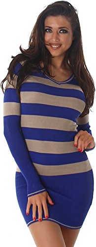 Jela London Damen Feinstrick Long Pullover Mini Kleid gestreift V-Ausschnitt Langarm Bodycon, Lang (Blau Braun) 34-36 von Jela London
