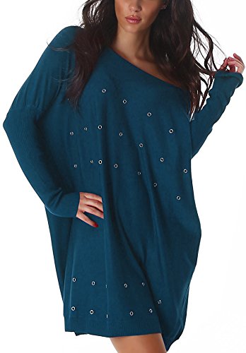 Jela London Damen Fein Strick Pullover Oversize Longpulli Lochnieten, Dunkelblau 36-38 von Jela London