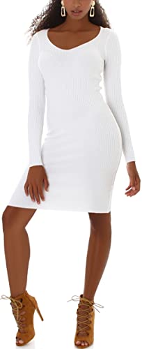 Jela London Damen Feinstrick Kleid Knielang Stretch gerippt tiefer V-Ausschnitt, Weiß von Jela London