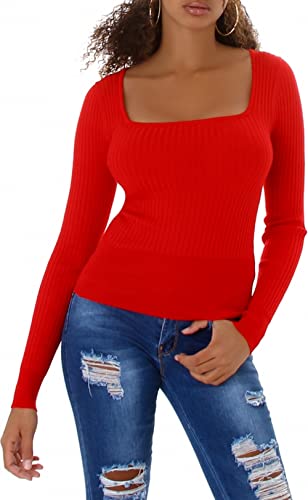 Jela London Damen Feinstrick Pullover Eckiger Ausschnitt Streifen gerippt, Rot von Jela London