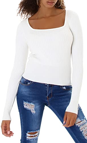 Jela London Damen Feinstrick Pullover Eckiger Ausschnitt Streifen gerippt, Weiß von Jela London