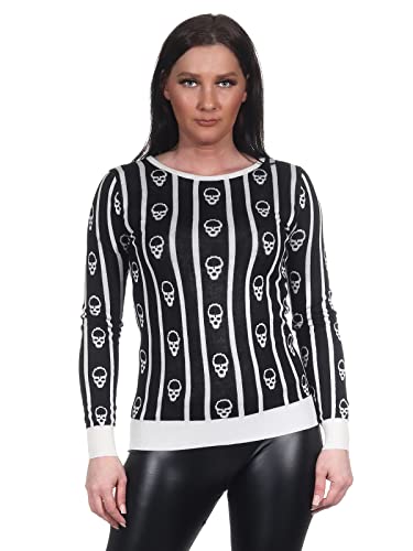 Jela London Damen Feinstrick Pullover Totenkopf Skull Stretch Streifen, Schwarz von Jela London