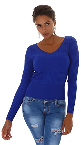 Jela London Damen Feinstrick Pullover V-Ausschnitt Streifen gerippt, Blau von Jela London