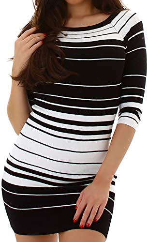 Jela London Damen Strickkleid Streifen Longpulli Pullikleid Stretch Feinstrick gerippt, Kurzarm Schwarz Weiß 34-36 von Jela London
