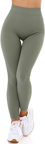 Jela London Damen Fitness Leggings Stretchhose Streifen Bodycon Feinripp, 119 Grün 34-36 von Jela London