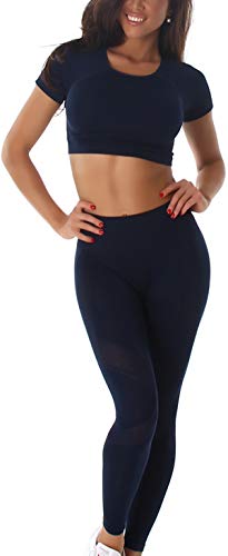 Jela London Damen Fitness Sport-Set Zweiteiler Crop-Top & High-Waist Leggings Hoher Bund Stretch Slim-Fit Skinny atmungsaktiv Kompression (32-36), Blau von Jela London