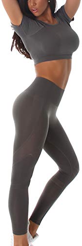 Jela London Damen Fitness Sport-Set Zweiteiler Crop-Top & High-Waist Leggings Hoher Bund Stretch Slim-Fit Skinny atmungsaktiv Kompression (32-36), Grau von Jela London