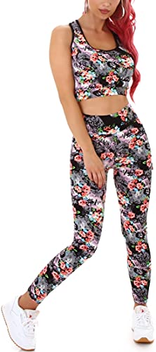 Jela London Damen Fitness Zweiteiler High-Waist Leggings Crop-Top bauchfrei Sport Racerback Tank-Top, Orangenblumen 40 von Jela London